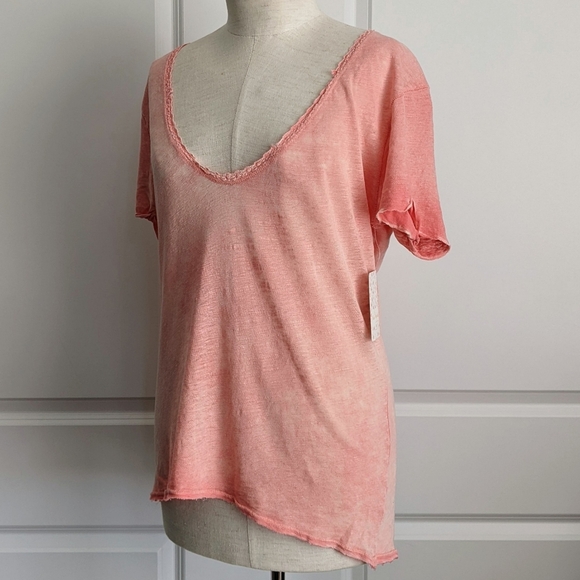 Free People Tee Deep V-Neck Lace Trim Distressed Short Sleeve Coral S NWT - Picture 10 of 13